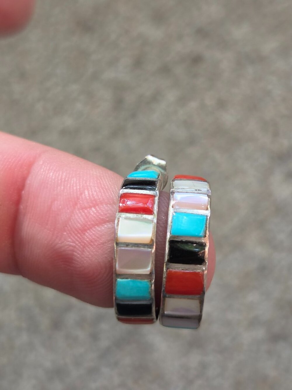 Vintage Navajo Sterling Silver Cobble Stone Multi Gem Inlay Post Earrings